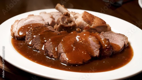 Succulent Roast Pork with Rich Gravy on a White Plate