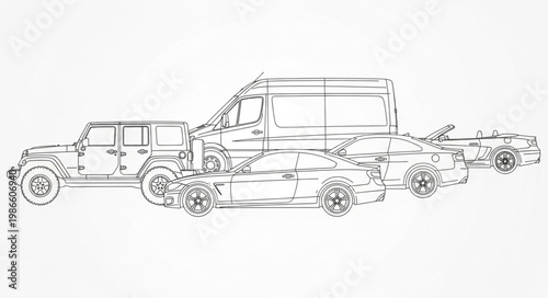 Detailed Outline Drawing of Multiple Vehicles Lined Up.