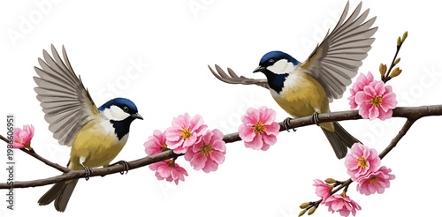 Blue Tits on Cherry Blossom Branch