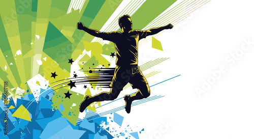 Silhouette of a soccer player celebrating a goal with arms outstretched against a vibrant abstract background.