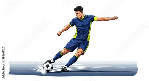 A dynamic illustration of a male soccer player in mid-action, powerfully kicking a soccer ball across a blue, streaking surface.