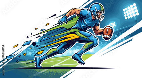 Dynamic illustration of an American football player in full sprint, clutching the ball, with motion blur effects and stadium lights in the background.