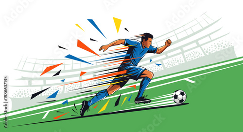 Dynamic illustration of a soccer player in a blue uniform sprinting down a green field with a soccer ball, surrounded by abstract colorful motion streaks and stadium seating in the background.