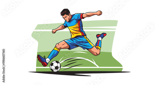 A dynamic illustration of a male soccer player in mid-action, powerfully kicking a soccer ball on a green field with white lines.