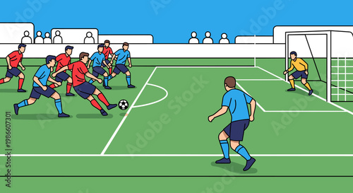 A dynamic illustration of a soccer match in progress, capturing the intensity of players competing for the ball near the goal.