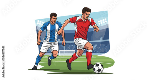 Two soccer players in action on a green field with a stadium in the background, one player dribbling the ball.