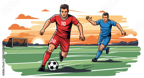 Two male soccer players in action on a green field during sunset, one in a red jersey dribbling the ball past the other in a blue jersey.