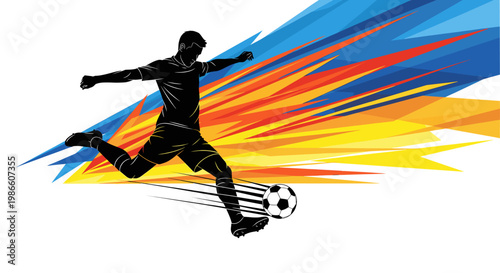 Dynamic silhouette of a soccer player kicking a ball with a vibrant, abstract explosion of colors behind him, symbolizing speed and energy.
