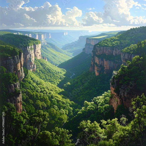 A serene valley surrounded by lush greenery and towering cliffs under a partly cloudy sky