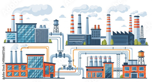 Industrial factory complex with smoking chimneys and pipelines illustration.