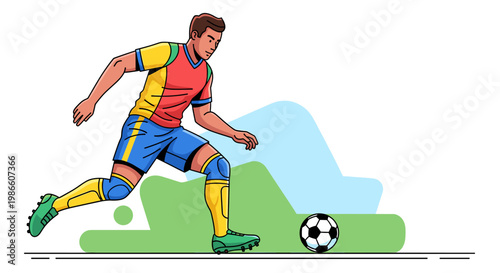 A dynamic illustration of a male soccer player in a colorful uniform dribbling a ball on a green and blue abstract background.