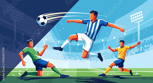 Dynamic soccer match with players in action on a brightly lit stadium field, capturing a mid-air kick and defensive plays.