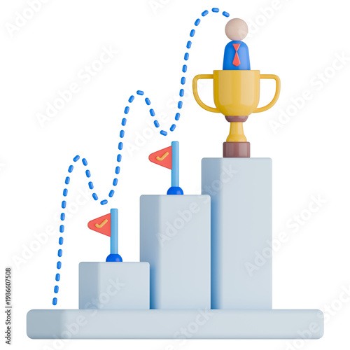 3D Business Achievement Bar Chart with Flag, Trophy and Leader Illustration.