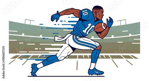 Dynamic illustration of an American football player in a blue jersey running with the ball on a field inside a stadium.