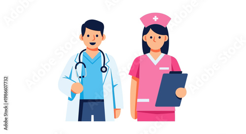 Illustration of a Male Doctor and Female Nurse in Uniform Holding Medical Instruments
