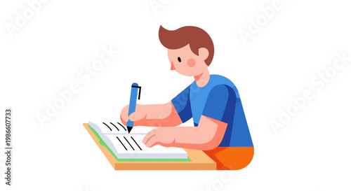 Young boy student writing in a notebook with a pen at a desk, focused on learning and studying for school.