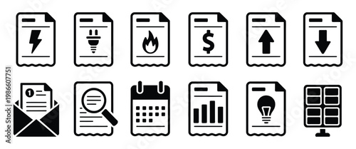 Collection of black and white utility bill icons, electricity, gas, finance, and energy management symbols, clean graphic style vector design set.