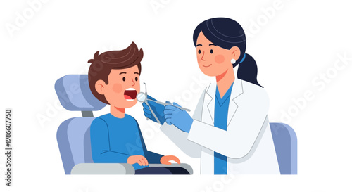 Dentist examining a young boy's teeth with dental tools in a brightly lit examination room, promoting oral hygiene