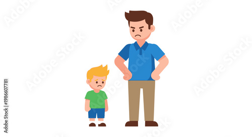 Father and son standing, showing disapproval and anger on their faces, vector illustration