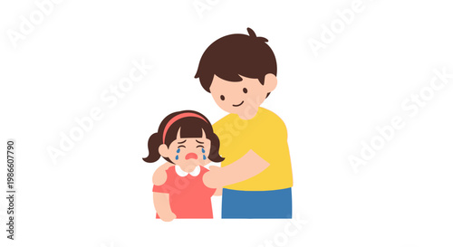 A caring brother comforts his younger sister who is crying, showing empathy and support