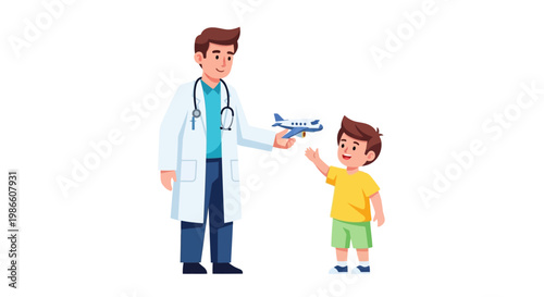 Compassionate male doctor offering a toy airplane to a happy young boy, fostering a positive and comforting experience during a medical check-up, building trust and easing childhood anxiety