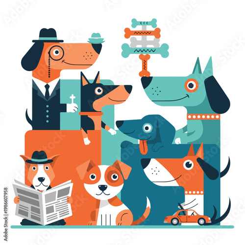 A group of dogs in various poses and costumes