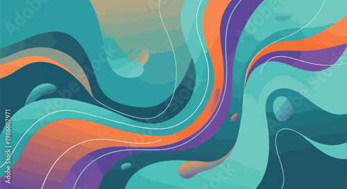 A swirling abstract design with teal, orange, and purple hues