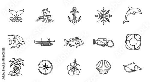 Collection of nautical and beach-themed icons featuring marine life, water sports, and tropical elements for travel and leisure designs