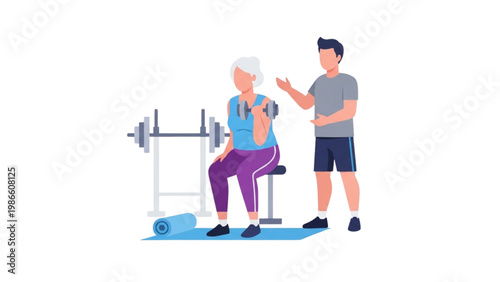 senior woman lifting dumbbell with personal trainer strength training illustration
