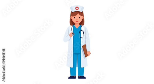 Illustration of a kind female doctor in a white coat and stethoscope, holding medical records with a friendly smile, signifying healthcare and medical care services