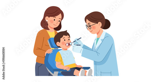 A Child's Dental Checkup Mother Accompanies Her Son to the Dentist for a Routine Examination and Cleaning