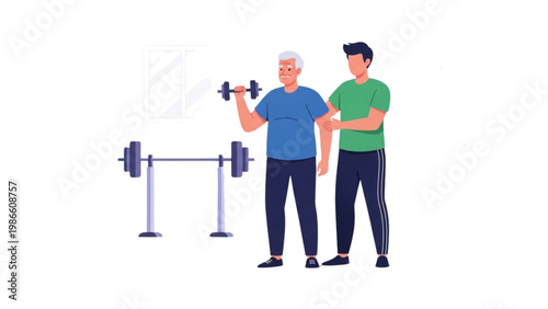 senior man strength training with trainer assistance home gym fitness illustration