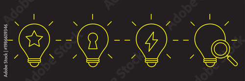 Idea process light bulb icons vector, concept stages with star, security lock, energy bolt and search symbol, minimal outline sequence for innovation workflow and problem solving design. bulb idea.