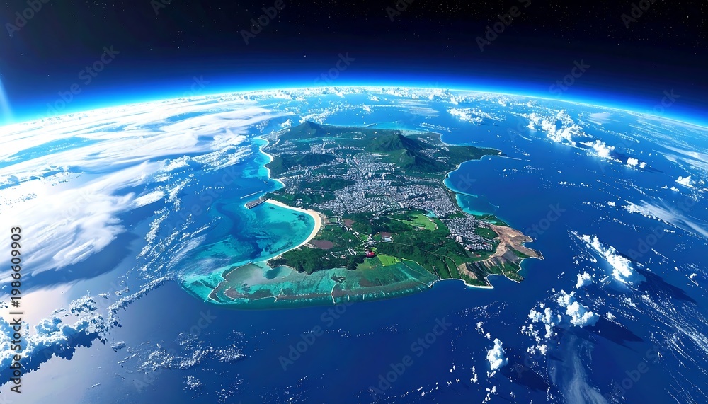 Fototapeta premium Earth view of an island with urban and rural features, surrounded by bright blue ocean, under starlit sky