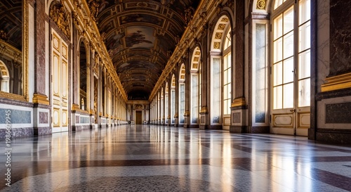 Grand Hallway with Ornate Architecture and Reflective Floor.