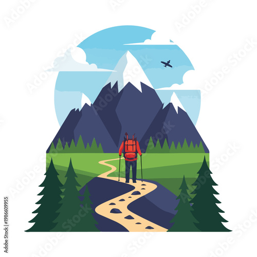 A hiker stands on a winding trail before mountains