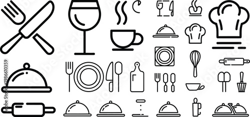 Restaurant icons, food and drink symbols, kitchen utensils, 25 black line art elements