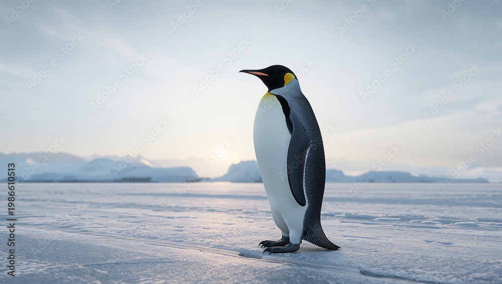 Fototapeta premium 南極の氷原に立つペンギンを描いた自然環境の3DCGビジュアル