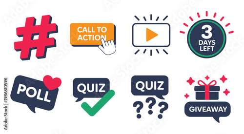 Colorful vector graphic illustration of various social media icons and symbols, online engagement elements, community manager and influencer content creation branding design.