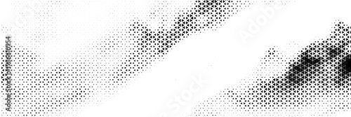 Fading triangle halftone texture gradient pattern. Abstract diagonal geometric background. Tech mosaic triangular halfton gradation. Vector vanishing corner arrow wallpaper for banner, booklet, poster