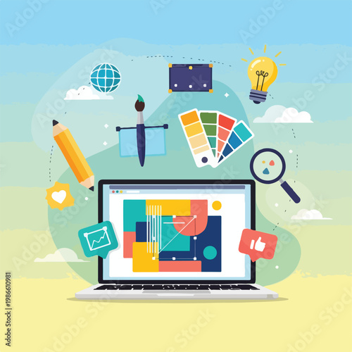 A laptop with design tools and colorful graphics floating around