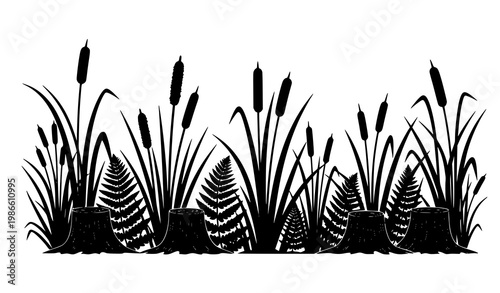 Swamp vegetation silhouette collection vector reeds cattails grass stumps nature set