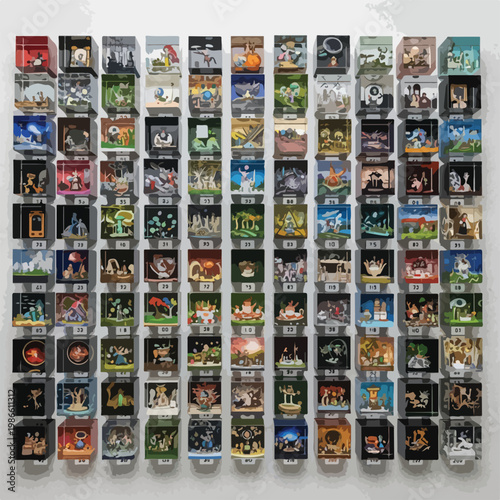 A large collection of small, colorful, and varied artworks