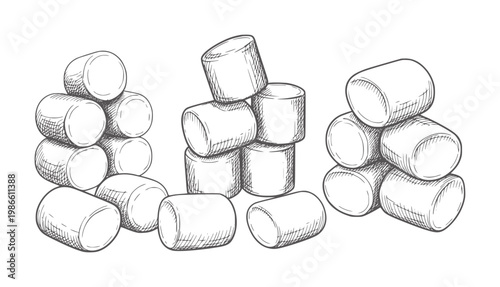 Hand drawn of stacked marshmallows in three piles food sweet confectionery treat