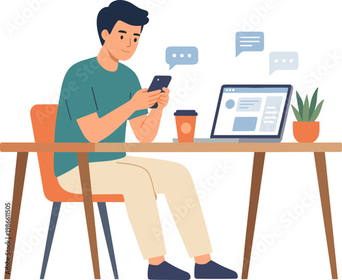 Man sitting at desk working on phone and laptop computer