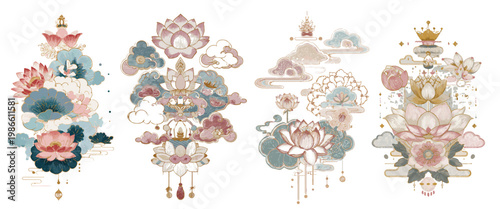 Pastel Korean Traditional Lotus and Cloud Bookmark Vector Set (4 Pack)