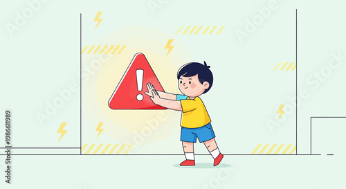 Young boy holding a red triangular warning sign with an exclamation mark.