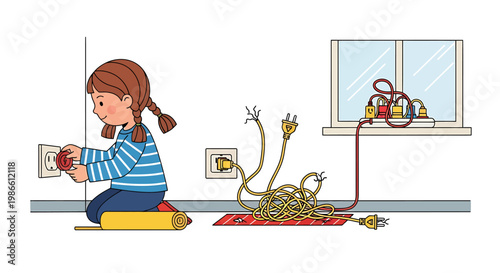 Young girl curiously exploring electrical outlets and wires.