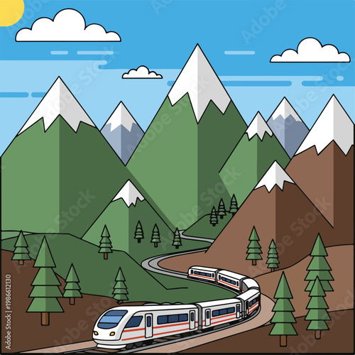 A train travels through a scenic mountain landscape