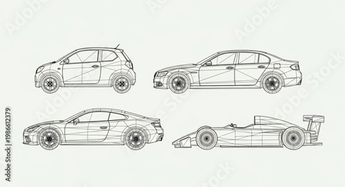 Collection of Four Different Sports Car Sketches.